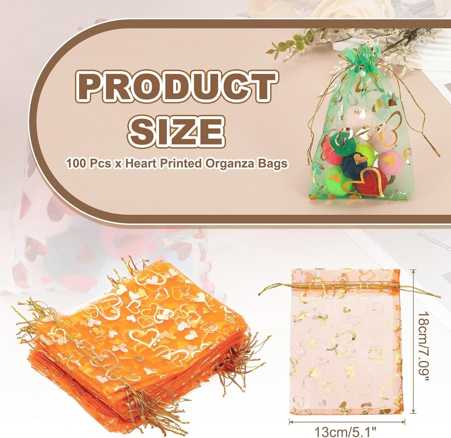 PATIKIL 100 Pcs 5x7 Inch Heart Printed Organza Bags, Orange Sheer Heart Organza Bags with Drawstring for Christmas Candy Jewelry Party Wedding Favor Gift