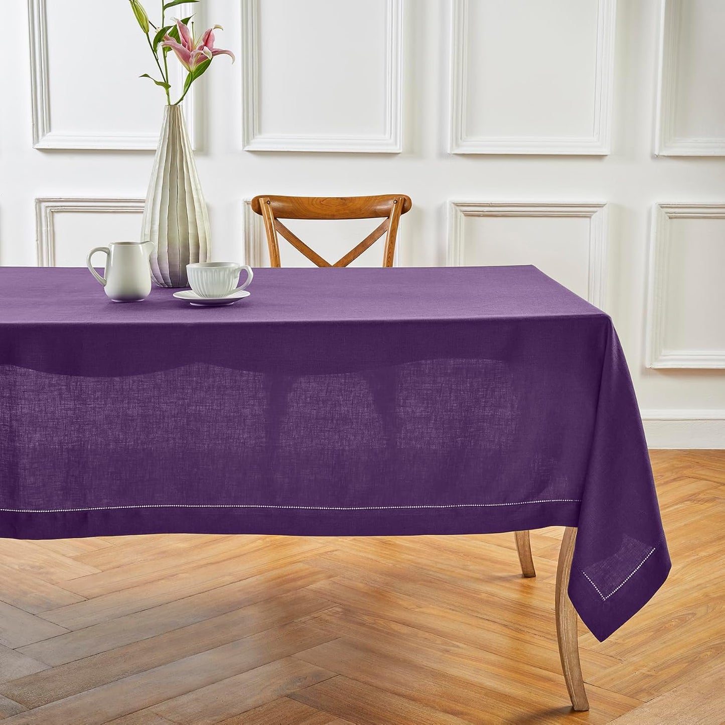 Solino Home Linen Tablecloth for Rectangle Tables 60 x 132 Inch - Classic Hemstitch 100% Pure Linen Purple Table Cloth - Machine Washable Cloth Tablecloth for Fall, Autumn, Halloween, Thanksgiving