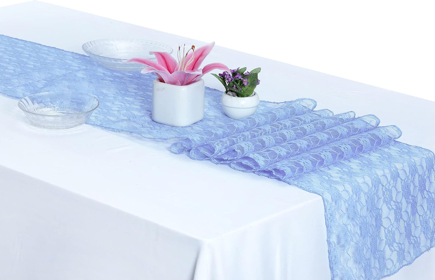 MDS Pack of 25 Wedding 12 x 108 inches Lace Table Runner for Wedding, Decorations for Birthday Parties, Banquets, Graduations, Engagements, and Runners fit Rectangle, Round Table- Baby Blue