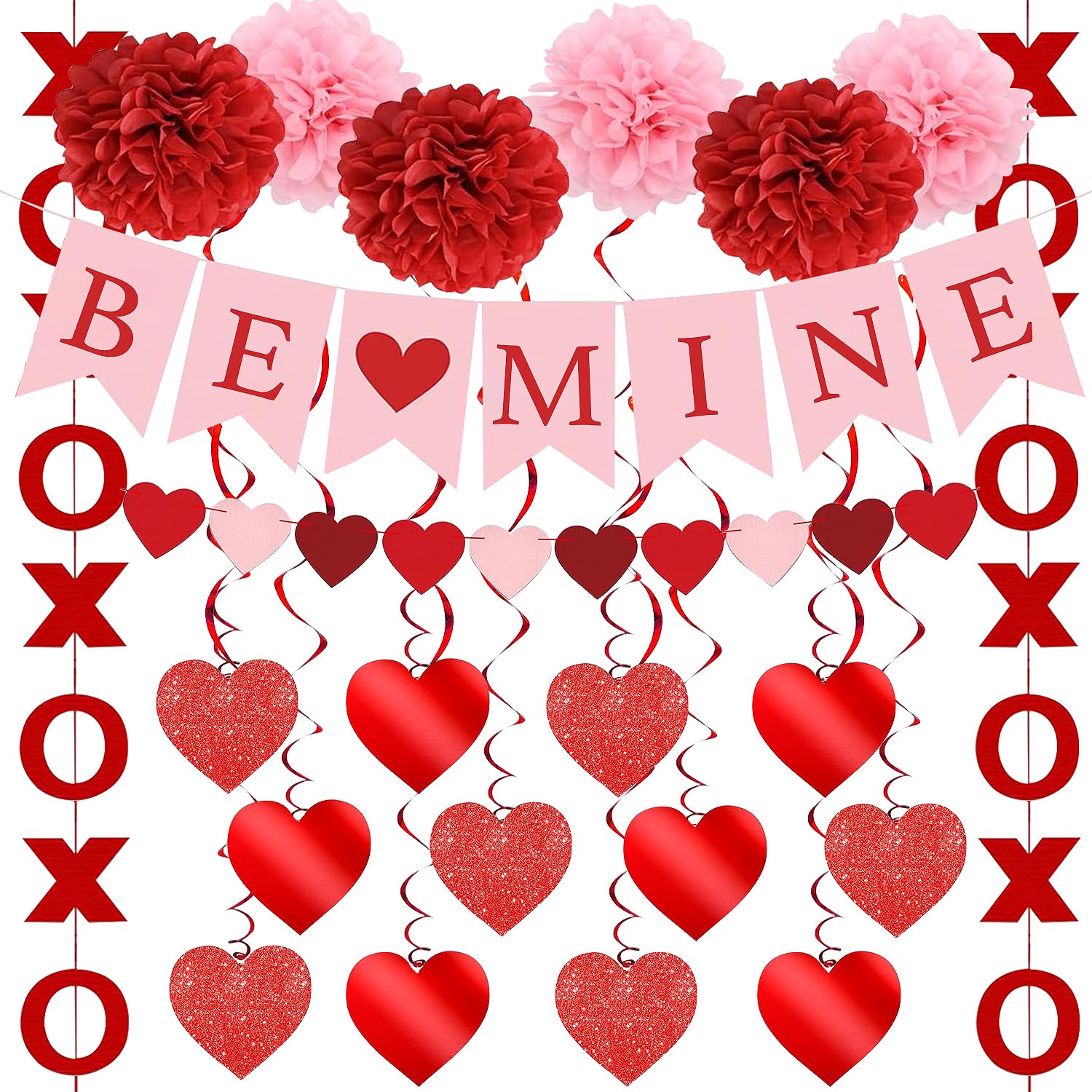 Upgraded Valentines Day Decorations Set Pre-Assembled Hanging Heart Swirls,BE Mine Banner,Heart XO