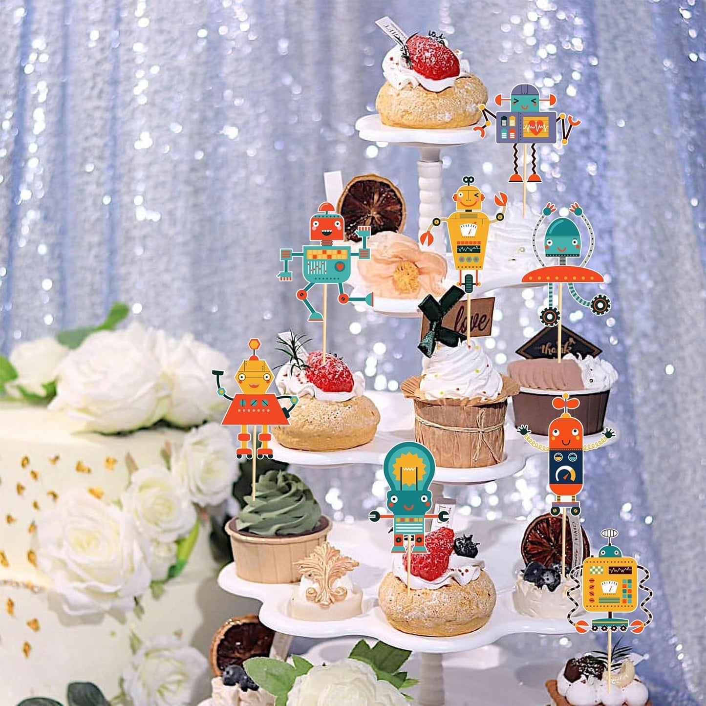 24pcs Robot Cupcake Toppers Robot Cake Decorations for Robot Birthday Party Decorations Birthday for Boys Gear Robot Baby Shower Supplies