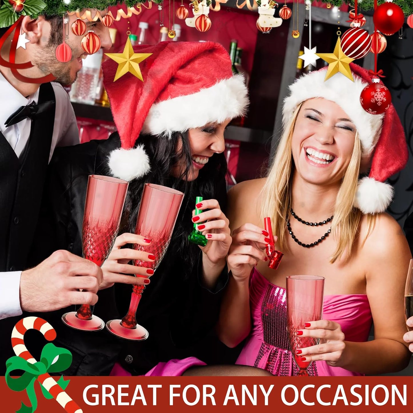 Plastic Champagne Flutes, 12PCS Dark Red Wine Glasses Goblets Cups Reusable Flute, for Christmas Weddings Bachelor Parties Toasting and Events(12, Dark Red)