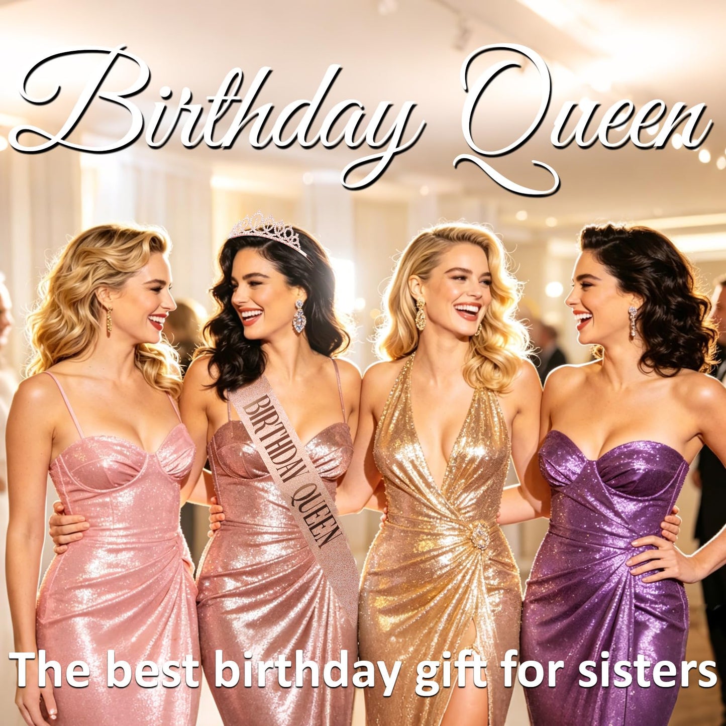 CAVETEE Rose Gold Rhinestone Tiara with Glitter Birthday Queen Sash, Birthday Party Decorations for