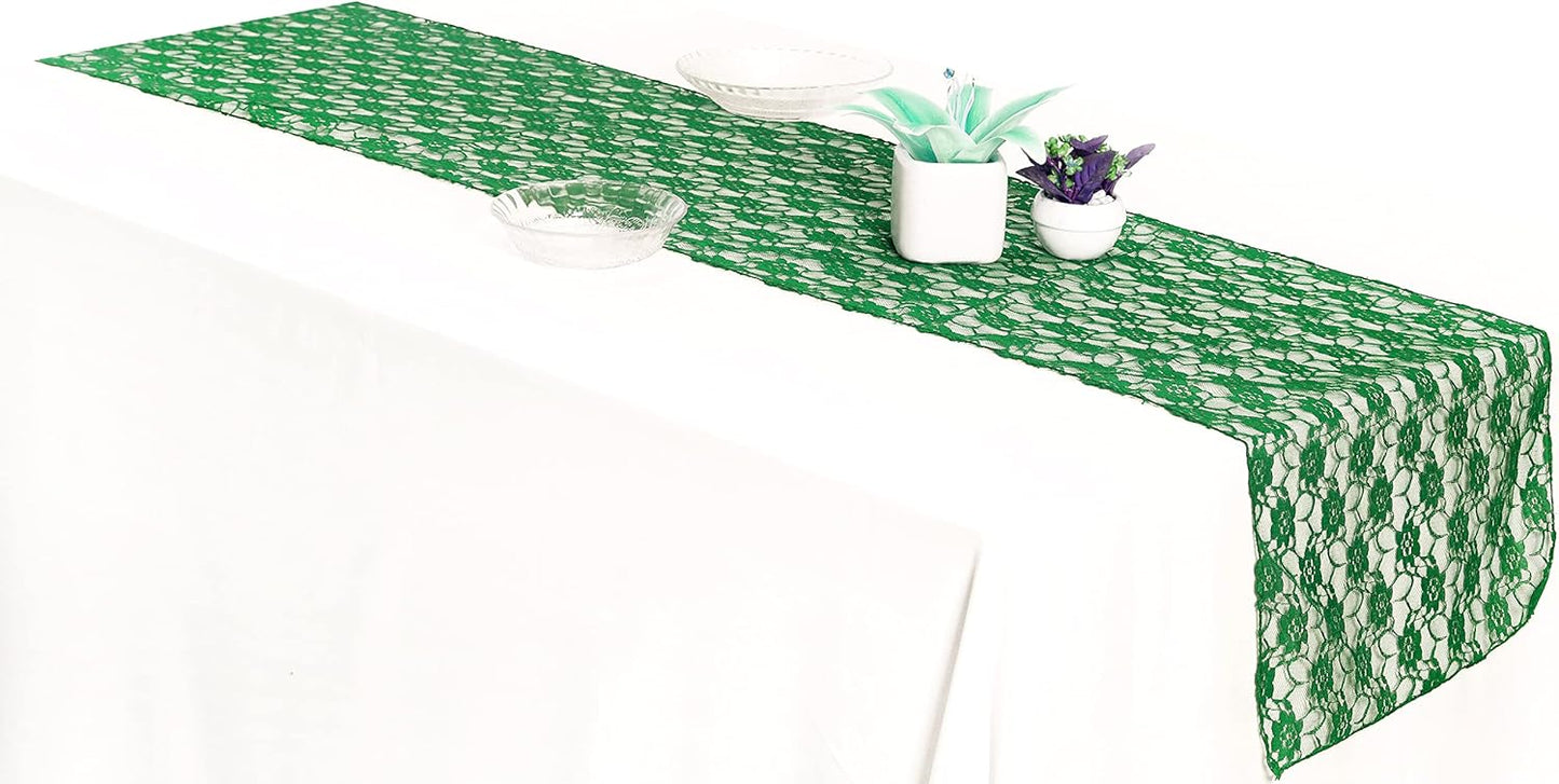 MDS Pack of 15 Wedding 12 x 108 inches Lace Table Runner for Wedding, Decorations for Birthday Parties, Banquets, Graduations, Engagements, and Runners fit Rectangle, Round Table- Hunter Green