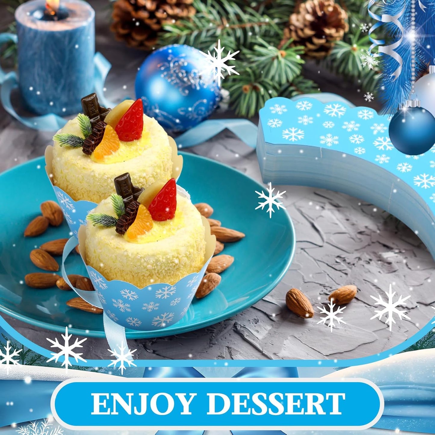 Domensi 100 Pcs Snowflake Cupcake Wrappers Blue Cupcake Liners Christmas Blue Snowflake Baking Cups Baking Liners for Winter Xmas Wedding Bridal Baby Shower Birthday Party Supplies Dessert Decoration