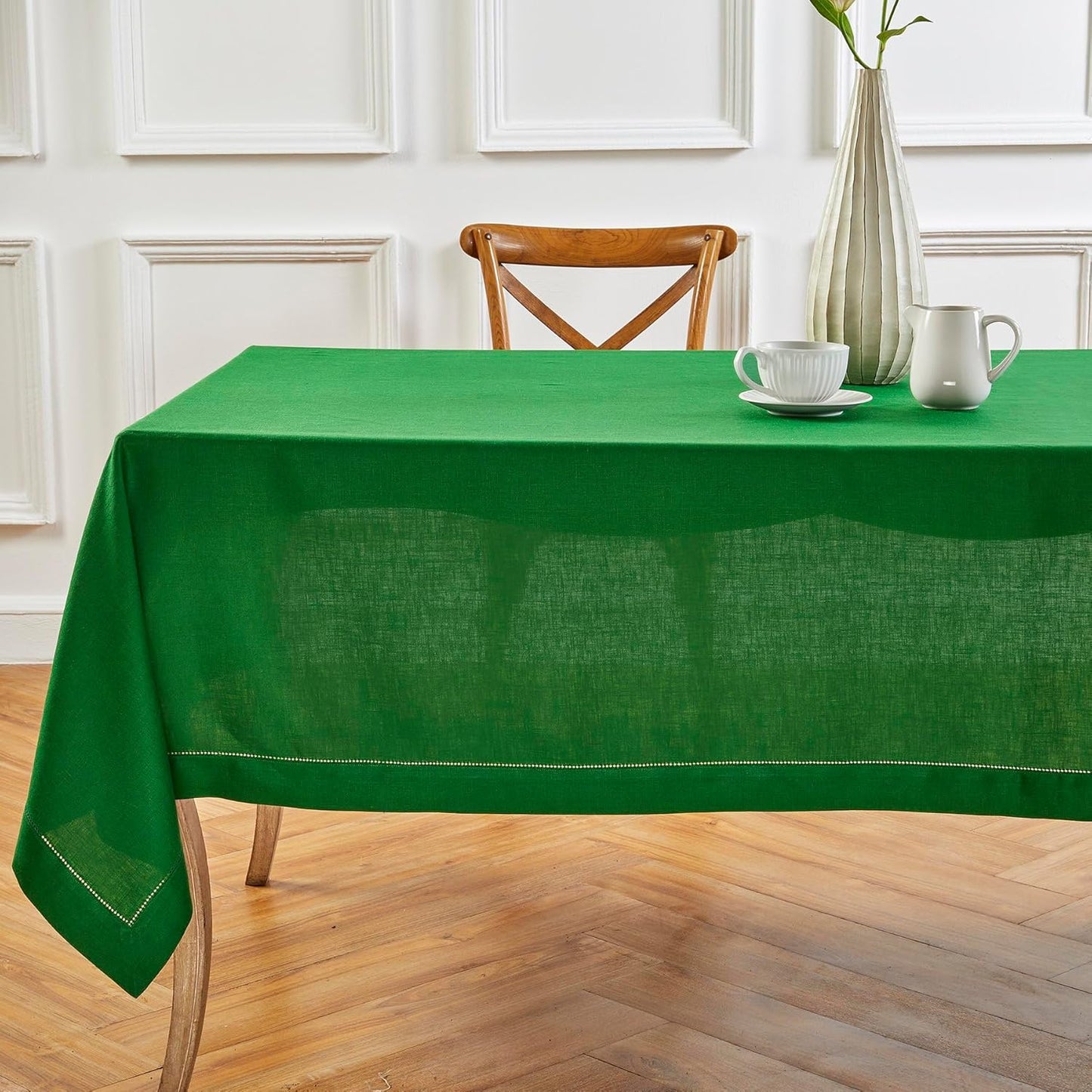Solino Home Garden Green Linen Tablecloth 60 x 132 Inch - 100% Pure Linen Hemstitch Table Cloth for Rectangle Tables - Classic Hemstitch, Machine Washable Tablecloth for Christmas