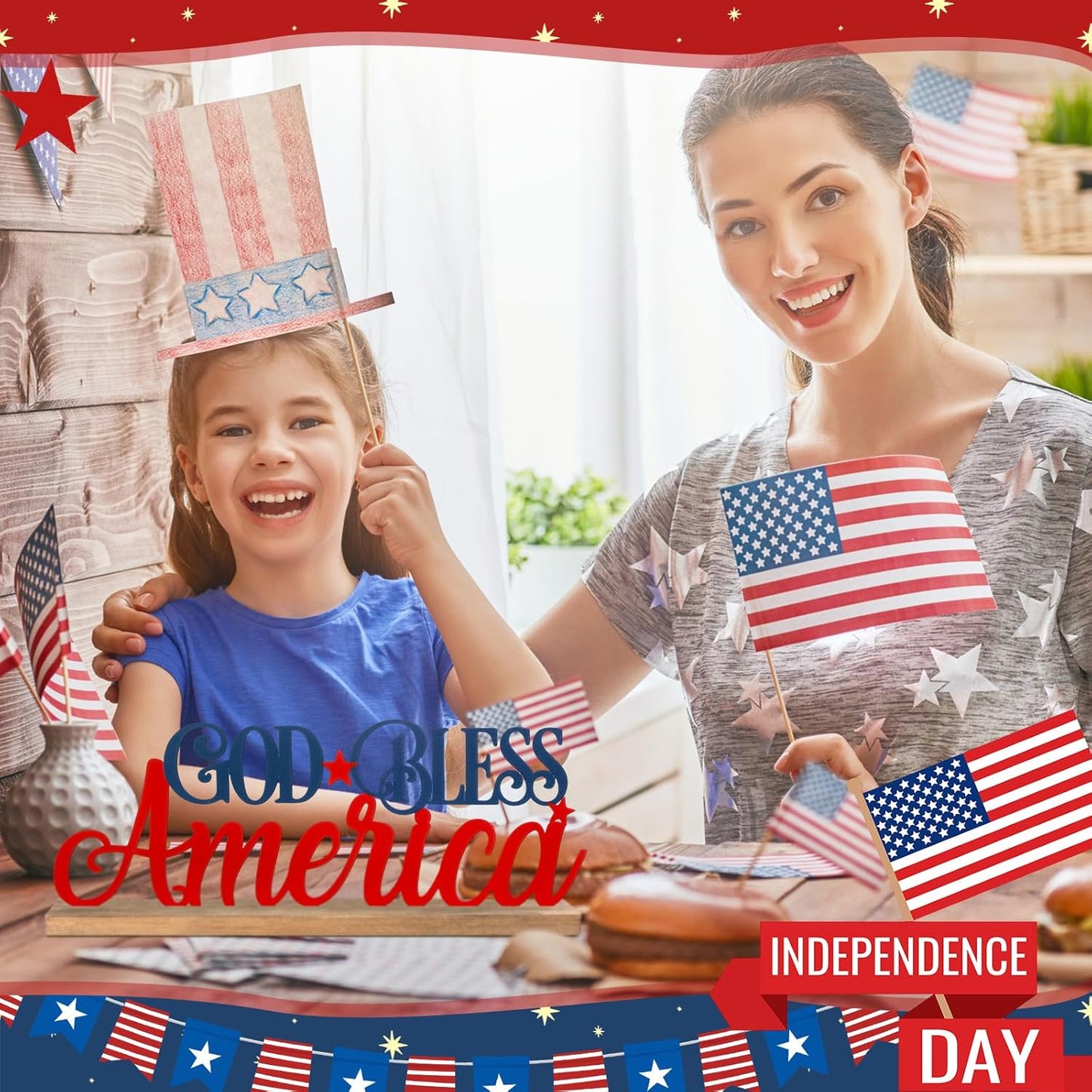 Patriotic God Bless America Metal Sign Rustic Table Decor Holiday Tiered Tray Decor with Wooden Base Freestanding Metal Word Sign for Home Tabletop Centerpiece Mantel Shelf Fireplace