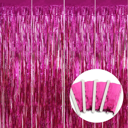 BEISHIDA 4 Pcs Hot Pink Rosered Door Streamers Curtain Party Streamers Backdrop Fringe Foil Wall Background for Party Decoration Photo Booth Props(3.28 ft x 6.56 ft)