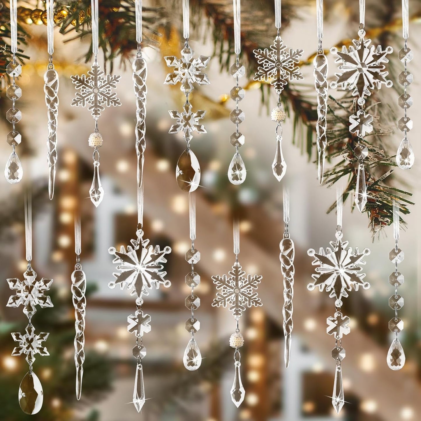 AuroTrends Christmas Tree Decorations 18Pcs, Acrylic Crystal Ornaments for Christmas Tree- Hanging Christmas Snowflake Decorations for Christmas Tree Ornaments