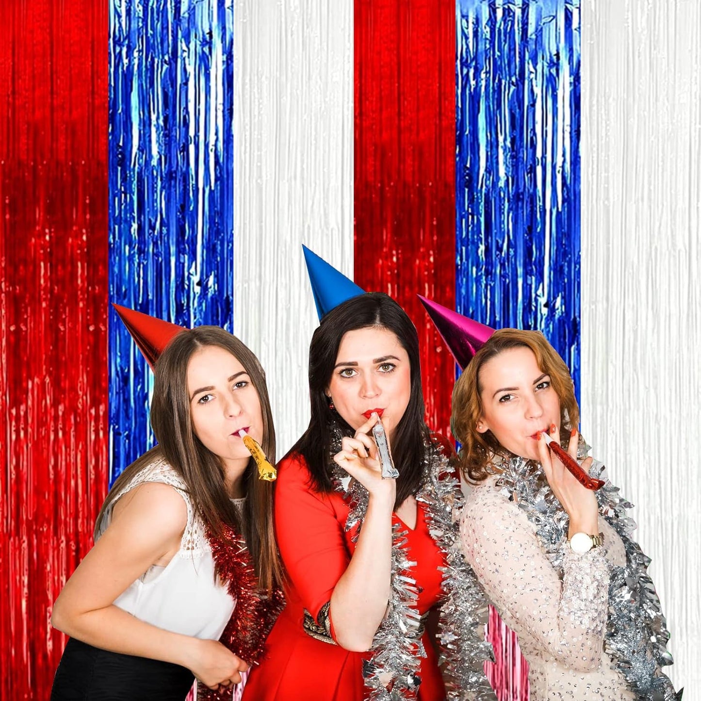 4P Metallic Foil Fringe Tinsel Table Skirts for Rectangle Tables Backdrop Banner Streamer Garland Curtains for Parade Floats Wedding Graduation Anniversary Birthday Parties Decoration(White Blue Red)