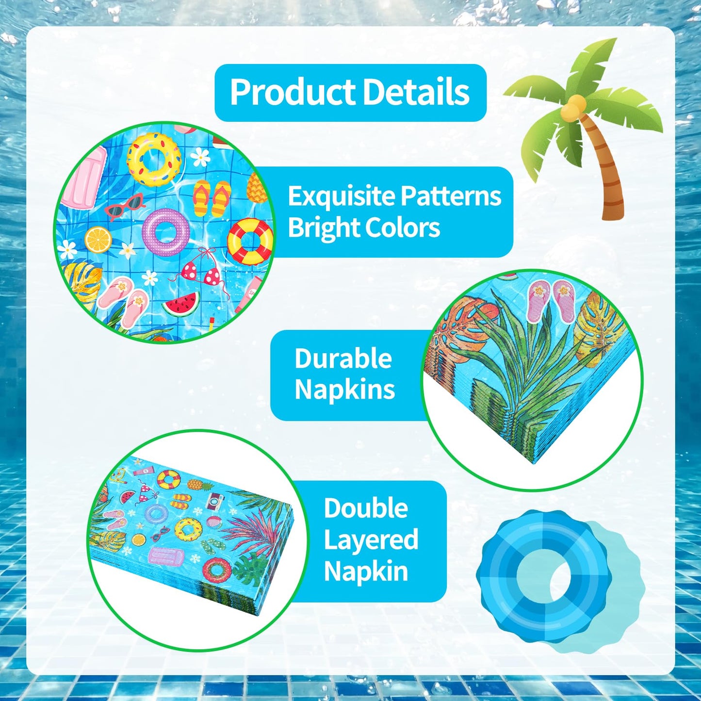 100 Pack Pool Party Paper Napkins – Tropical Summer Disposable Napkins 13 x 16 Inches Unfolded with