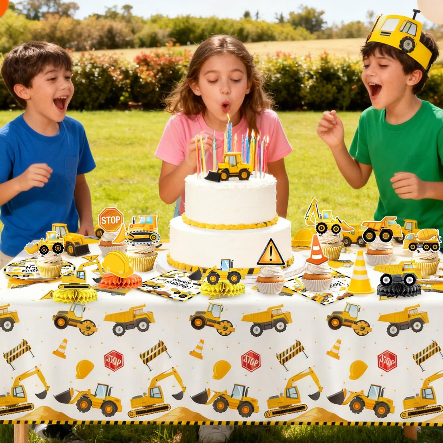 Construction Birthday Party Supplies - Plates, Napkins, Cups, Cutlery, Banner, Hanging Swirls