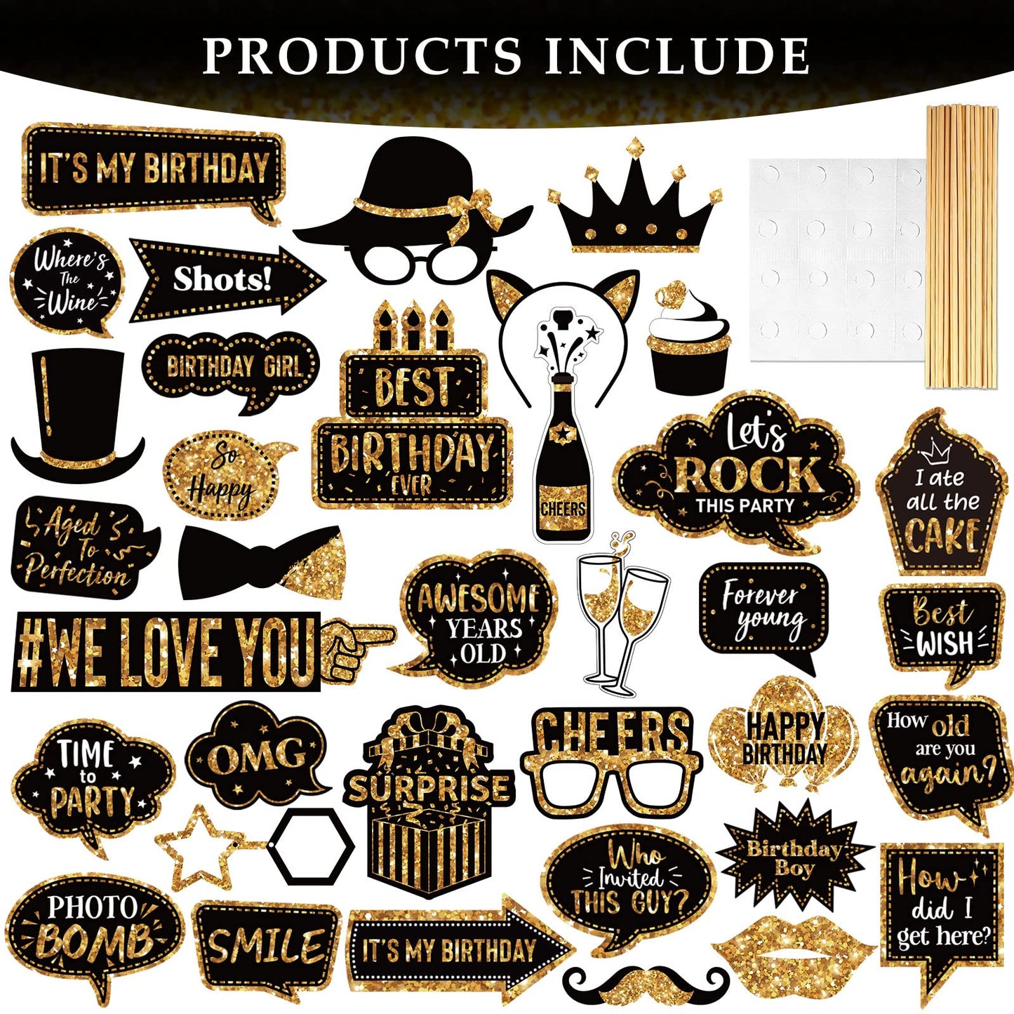 Outus 36 Pcs Birthday Photo Booth Props Kit Happy Birthday Graduation Wedding Party Favors Supplies