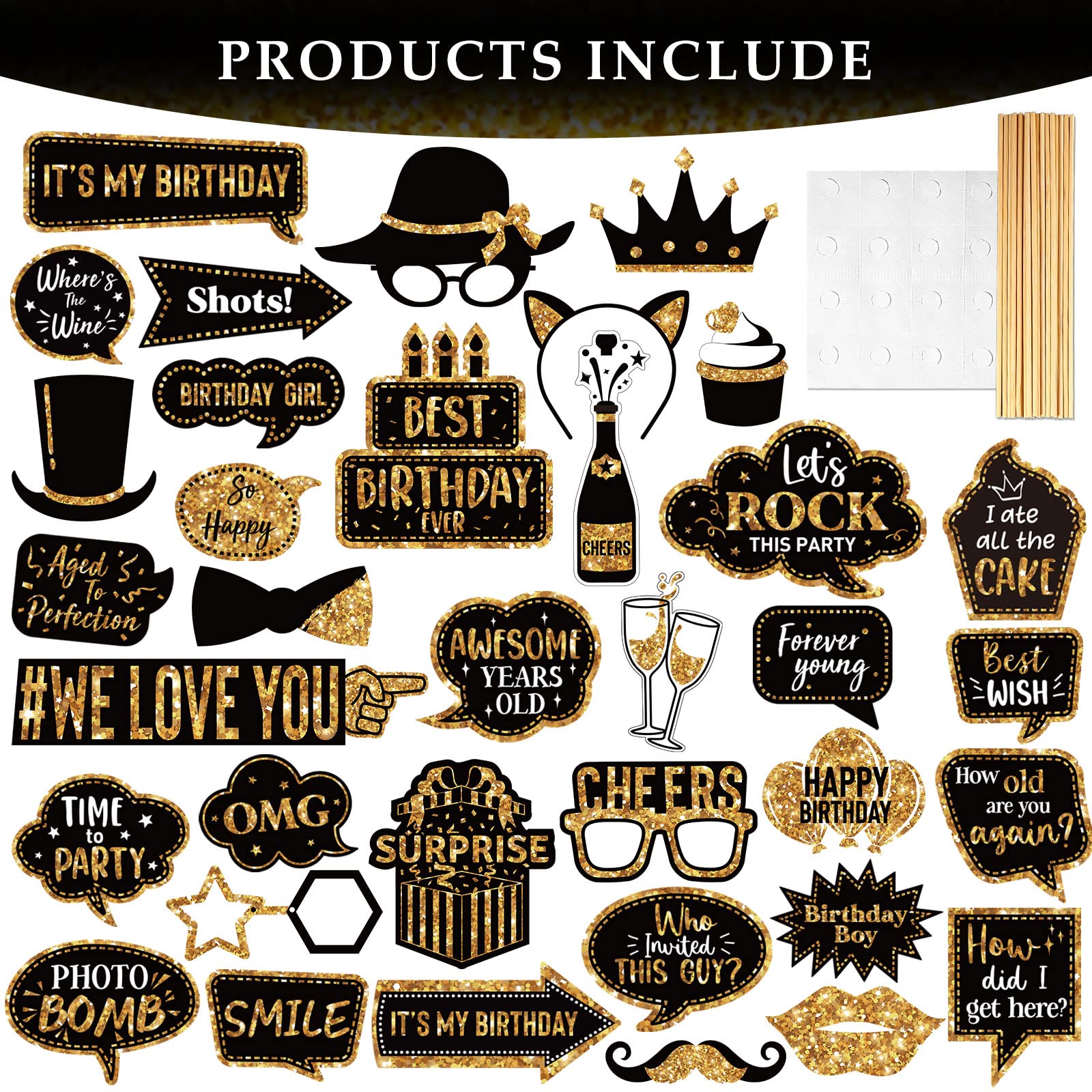 Outus 36 Pcs Birthday Photo Booth Props Kit Happy Birthday Graduation Wedding Party Favors Supplies