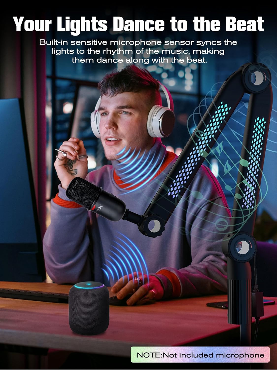 SUNMON RGB Mic Arm ??Adjustable Boom Arm with Rhythm RGB Lighting for Blue Yeti, HyperX QuadCast, Rode, Fifine AM8, and More ??Perfect for Podcasting, Streaming, and Gaming