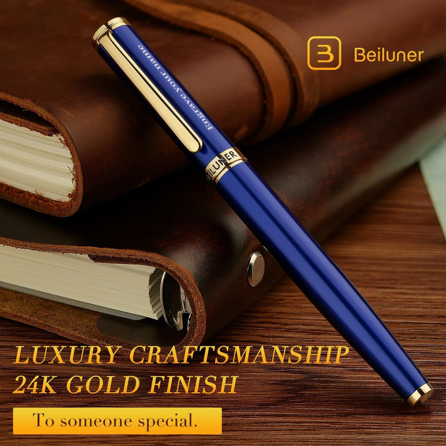 BEILUNER Blue Personalized Fountain Pen,Stunning Luxury Lacquer,24K Gilded Nib(Fine),Gorgeous 24K Gold Finish, Ink Converter,Fancy Gift for Men&Women-Elegant, Graduation,Nice Pens for Writing