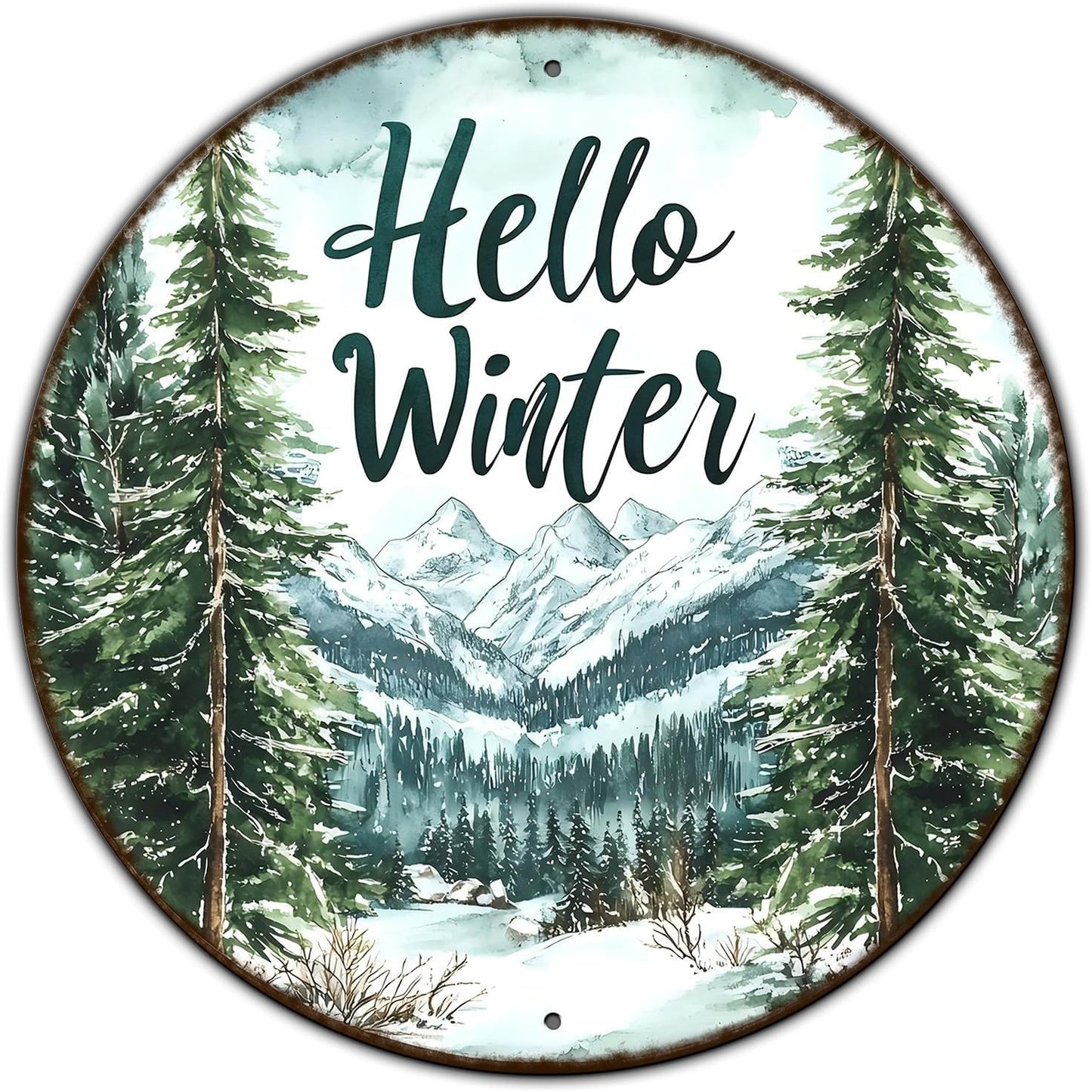 Round Christmas Metal Tin Sign Hello Winter Sign Christmas Pine Trees Welcome Door Sign Xmas Winter Holiday Farmhouse Rustic Wreath Sign for Indoor Outdoor Home Wall Window Decor 8 * 8 in