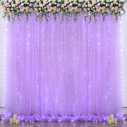 Lavender Tulle Backdrop Curtain with Led Lights for Wedding Baby Shower Girls 10ft X 8ft Lilac Lavender Sheer Backdrop Curtain for Birthday Party Bridal Shower Photoshoot Background Decorations