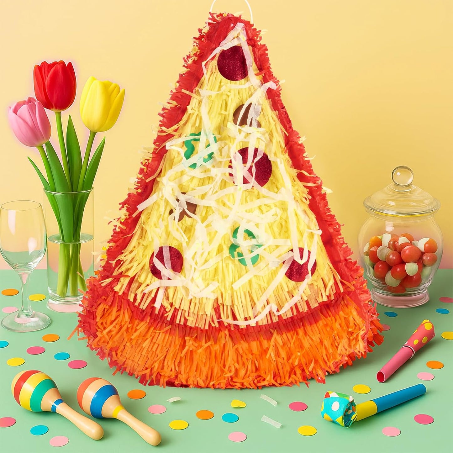 Wernnsai Pizza Piñata - Pizza Decorations For Kids Food Themed Birthday Party Piñata With Blindfold And Bat For Summer Mexican Party Supplies
