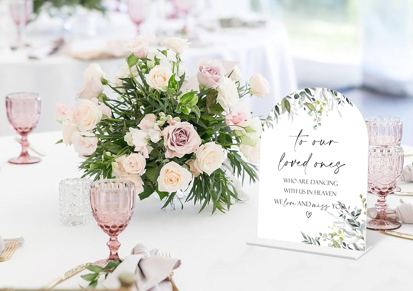 Greenery Wedding Memorial Sign, 6 x 8 Inch White Arch Acrylic Wedding Sign with Holder, Wedding Sign for Ceremony and Reception, Wedding Decoration, Wedding Supplies - LY11