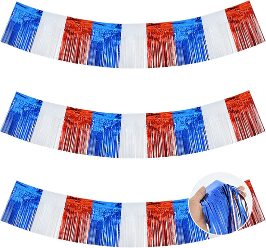 BEISHIDA 3 Packs Metallic Foil Fringe Garland Red White Blue Wall Hanging Tinsel Fringe Banners for Floats Birthday 4th of July Memorial Day Patriotic New Year Party Decoration(30 Feet)