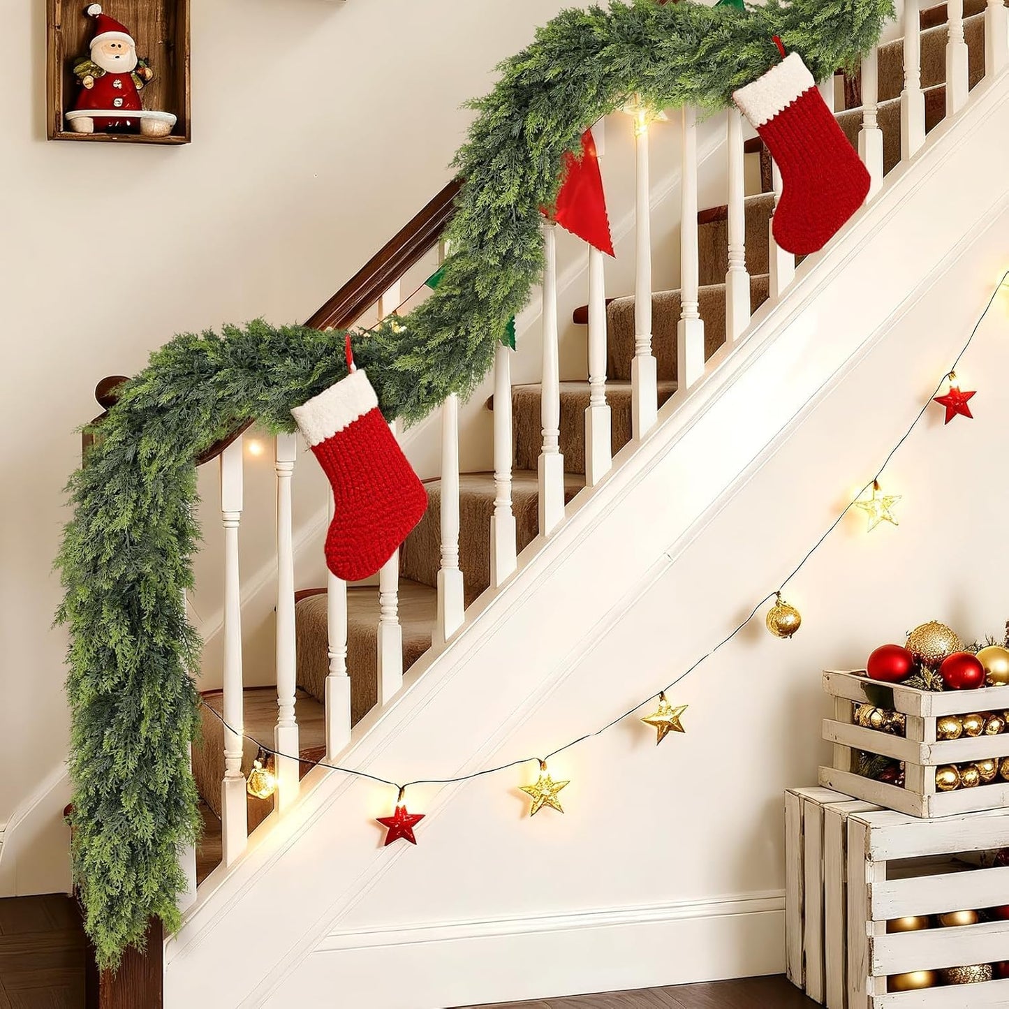 Christmas Cedar Garland - 6ft Artificial Cedar Garland Faux Lush Green Fake Pine Needles for Fireplace,Table,Window,Stairs,Mante,Holiday Indoor Outdoor Xmas Decor(2PCS)