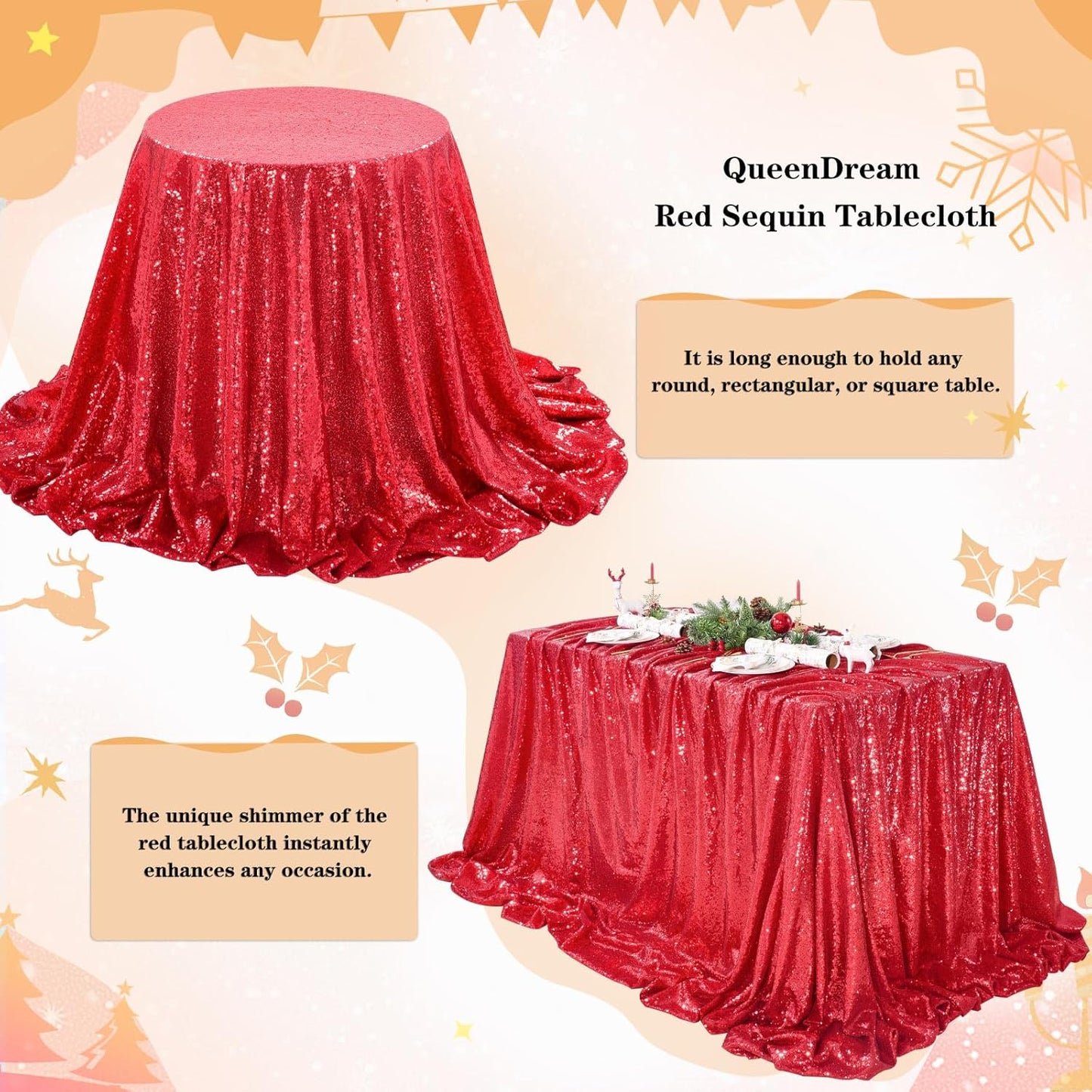 QueenDream Red Sequin Decorative Party Tablecloth: Large Shimmer Dessert Table Overlay 90x90 Inch Dinner Table Drapes Cocktail Xmas Decor