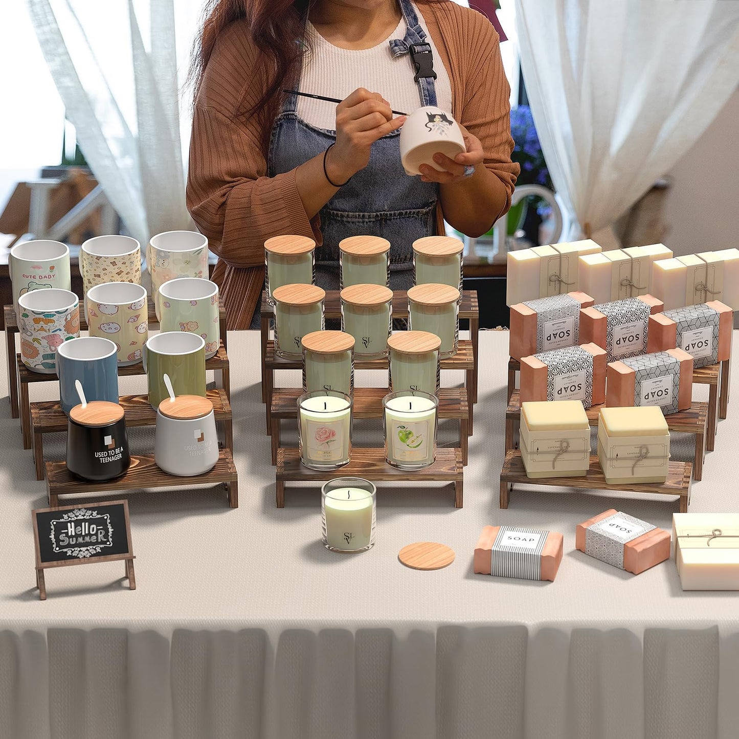 2 Set Wooden Tiered Risers Display Stands for Vendor Events,Stackable Wood Cupcake Display