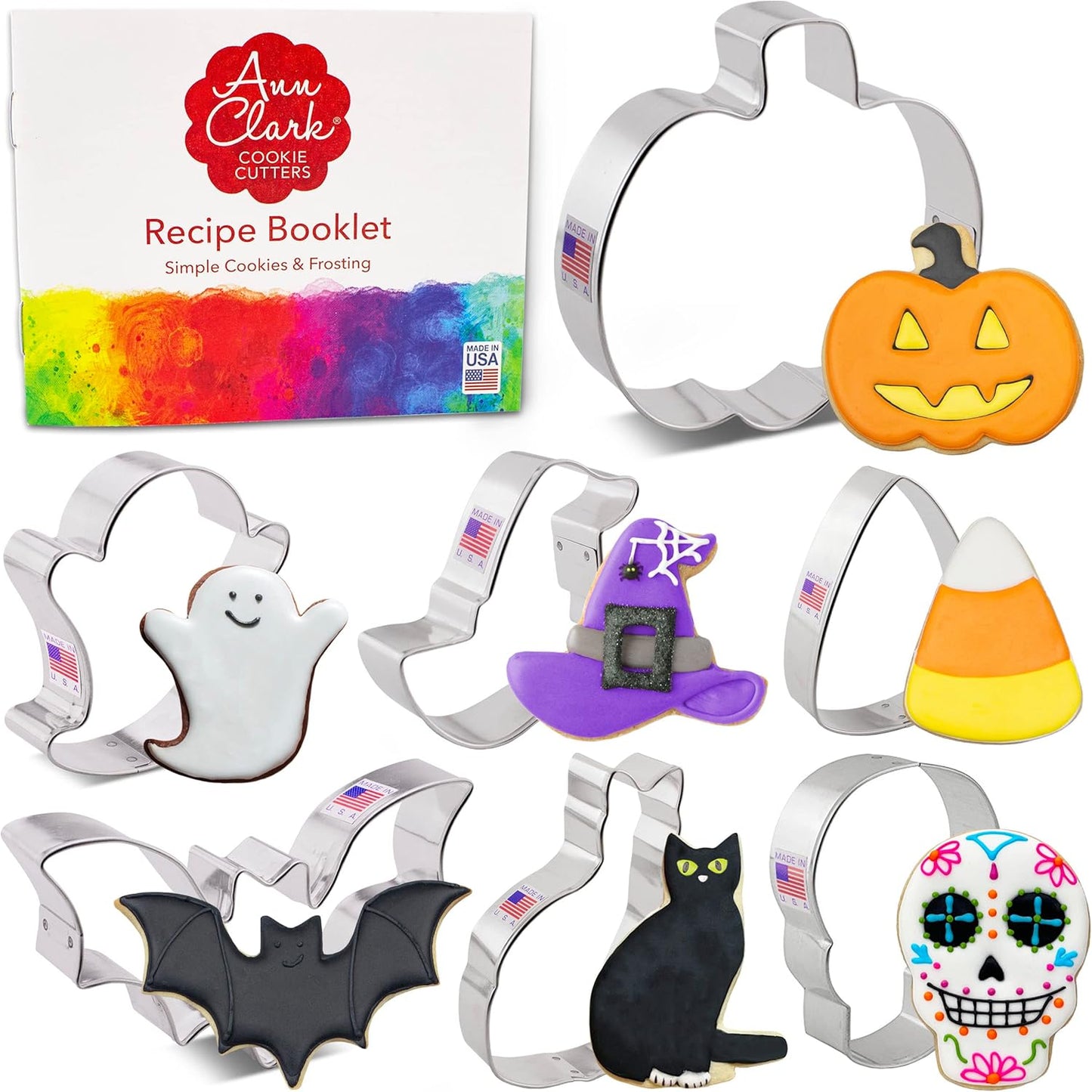 Ann Clark Cookie Cutters Halloween Cookie Cutters 7-Pc. Set Made in USA, Pumpkin, Ghost, Bat, Candy Corn, Skull, Black Cat, Witch Hat