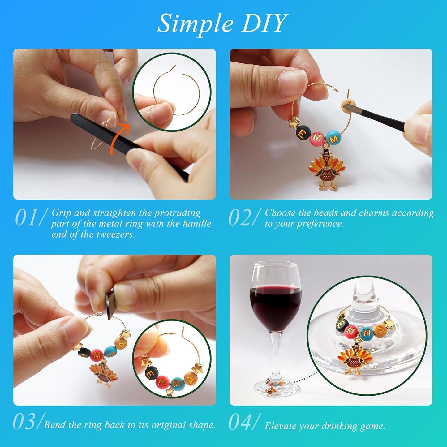 DIY Wine Glass Charms Kit, 25pcs Personalized Reusable Drink Marker Tags, Glass Identifiers for Wine Tasting Party, Unique Hostess Gifts & Party Decorations
