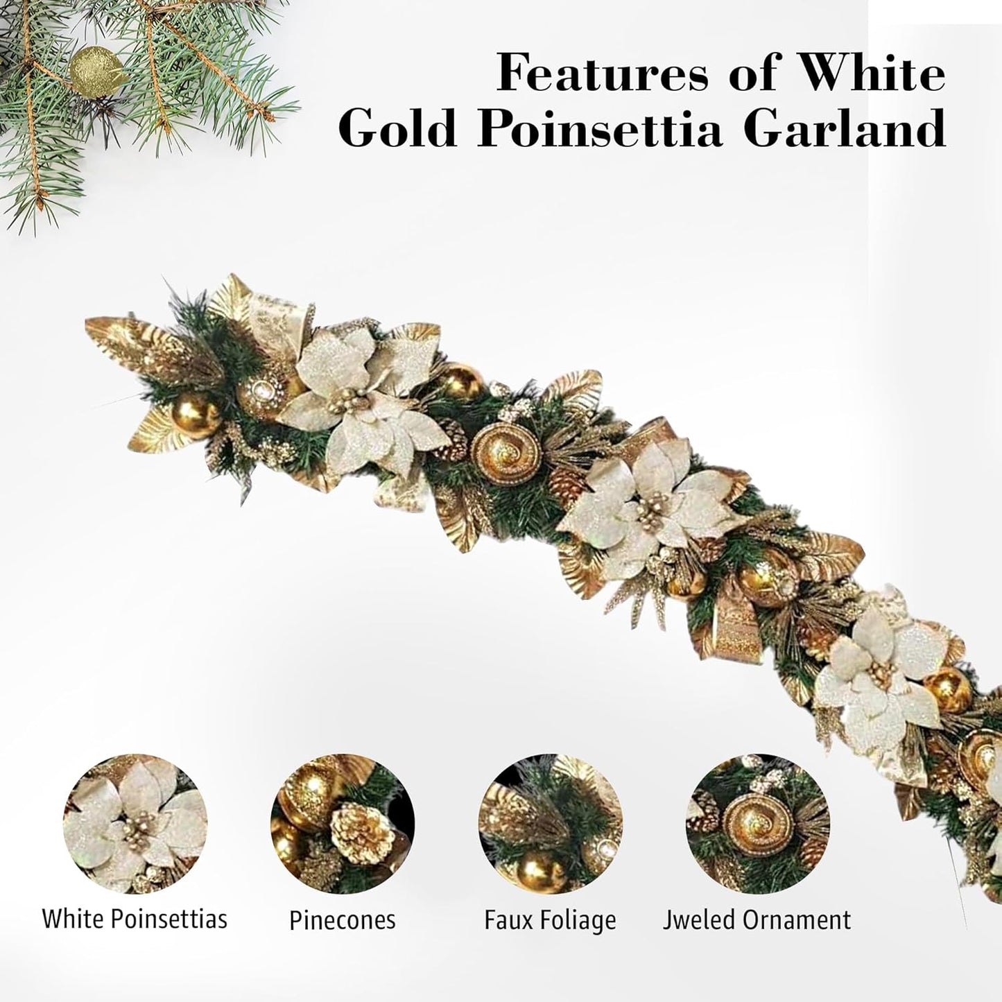 Holiday Tree White Gold Poinsettia Garland 5 Ft – Luxurious Christmas Garland with Metallic Accents, Festive Home Décor for Mantels, Doors & Tables