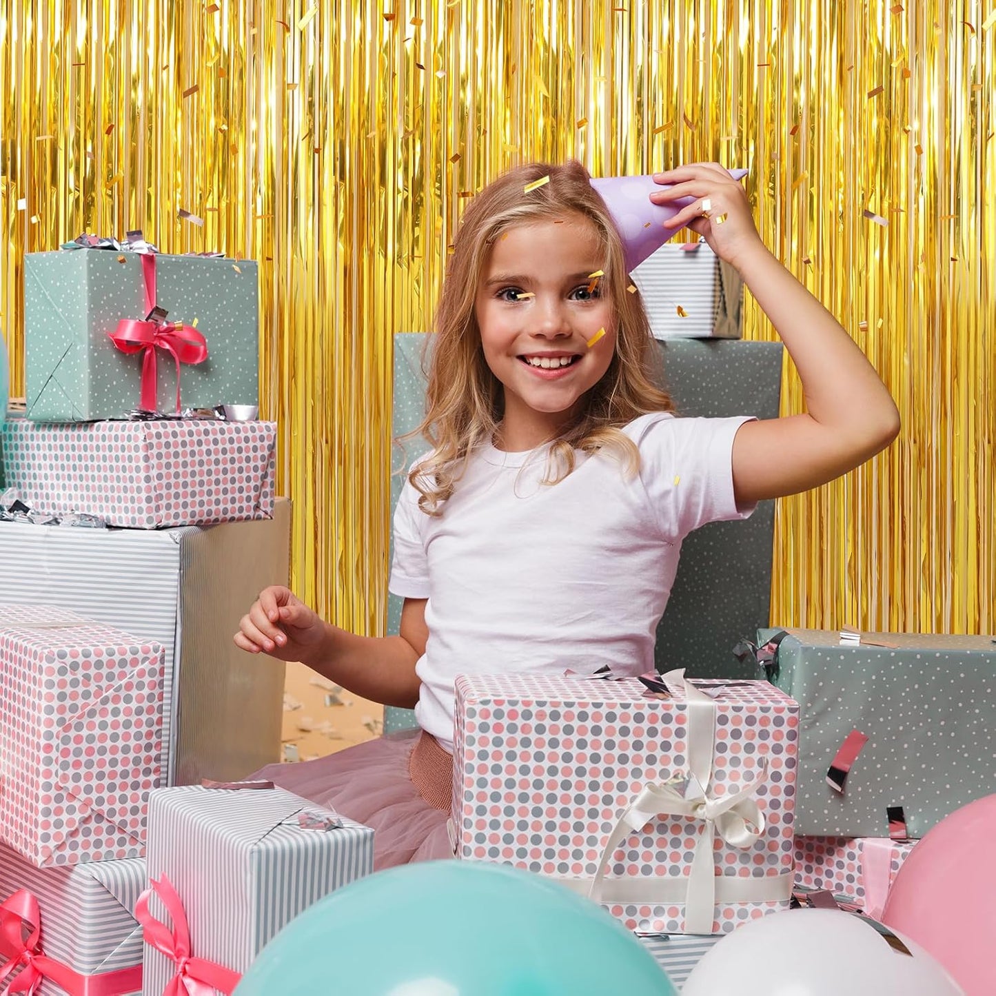 4 Pack Gold Foil Fringe Curtains Door Streamers Party Decorations 3.3 x 8.2 ft, Gold Tinsel Curtain Fringe Backdrop for Parties, Door Fringe Birthday Streamers, Photo Booth Backdrops, Party Decor