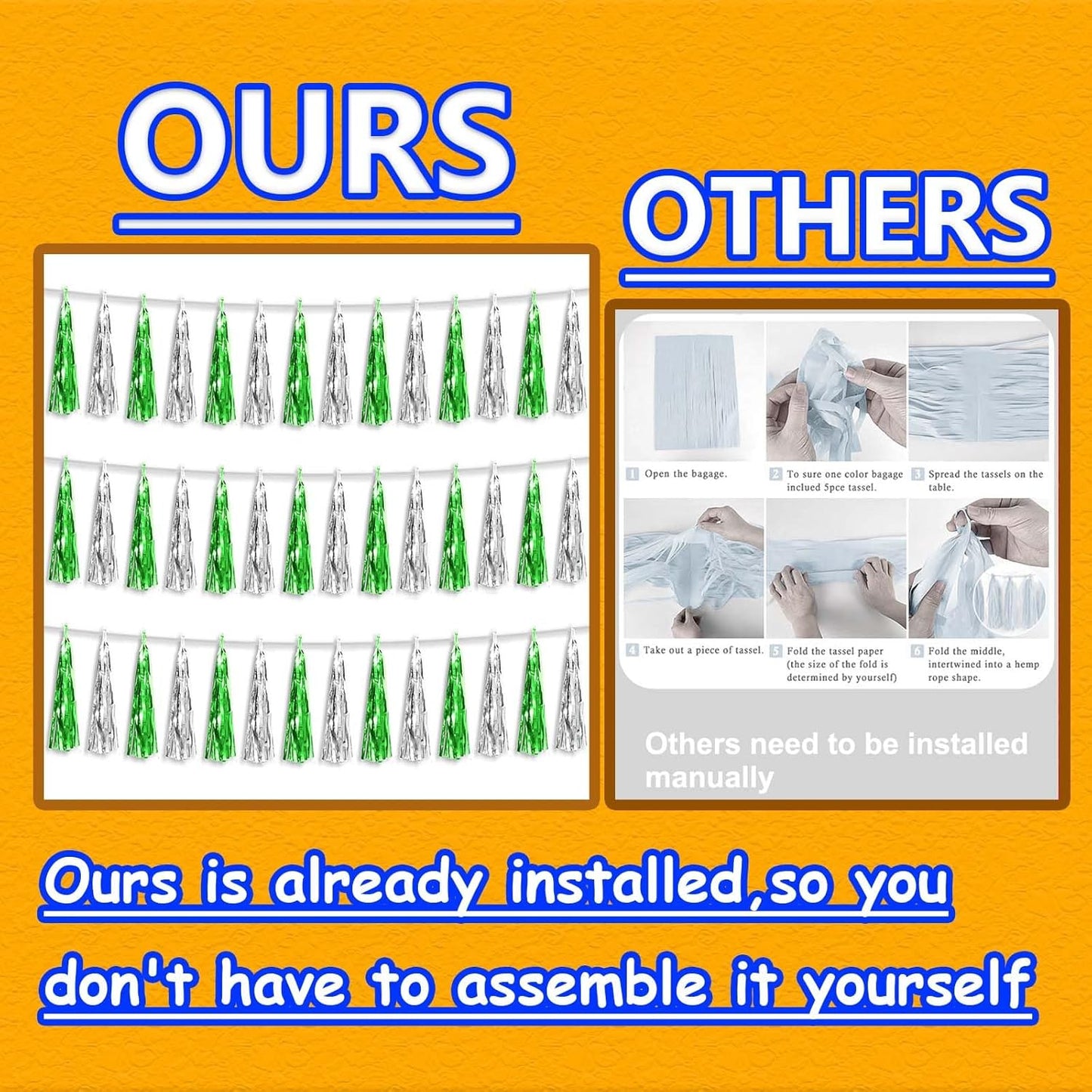 3P Metallic Fringe Tassel Banner Garland Foil Tinsel Streamer Wall Hanging Curtain Backdrop Banner for Parade Floats, Graduation Decorations, Father's Day Party Decoration(Green Silver)