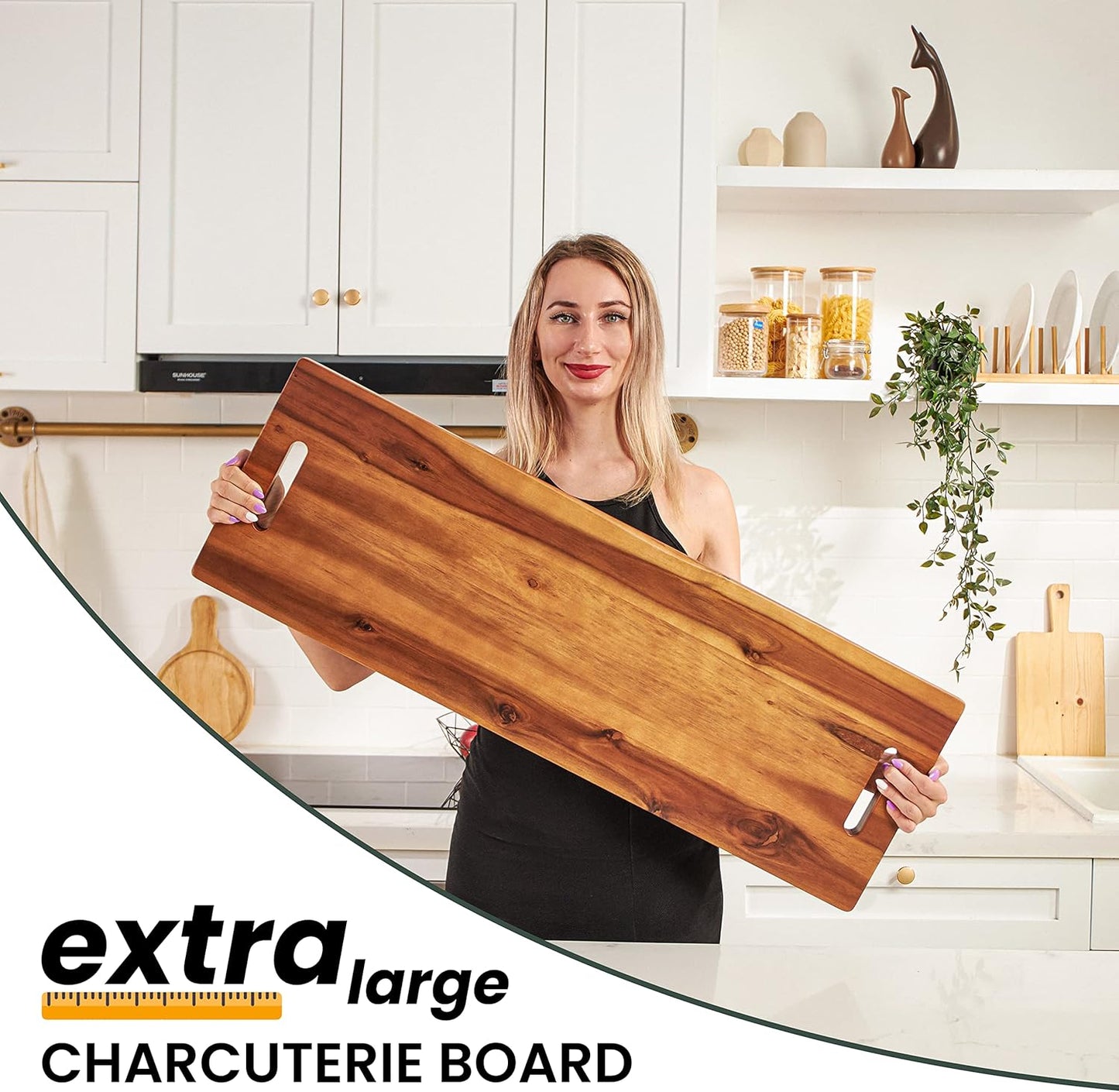 36" Large Acacia Wood Charcuterie Board with Handles - Extra Long Wooden Serving Cheese Boards - Rectangular Serving Platter for Meat Steak, Cracker Appetizers, Fruit Decorative Display Party