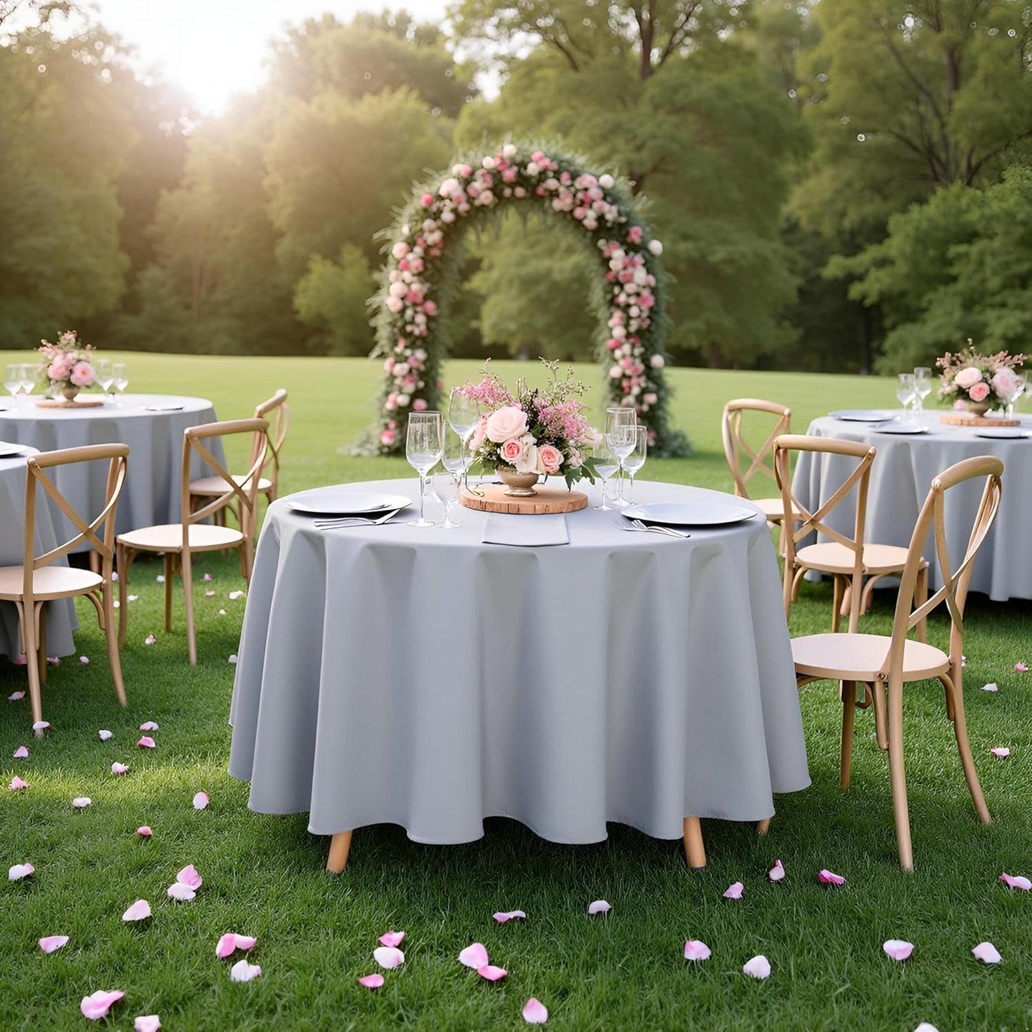 sancua Round Tablecloth - 90 Inch - Water Resistant Spill Proof Washable Polyester Table Cloth Decorative Fabric Table Cover for Dining Tables, Buffet Parties and Camping, Silver Grey