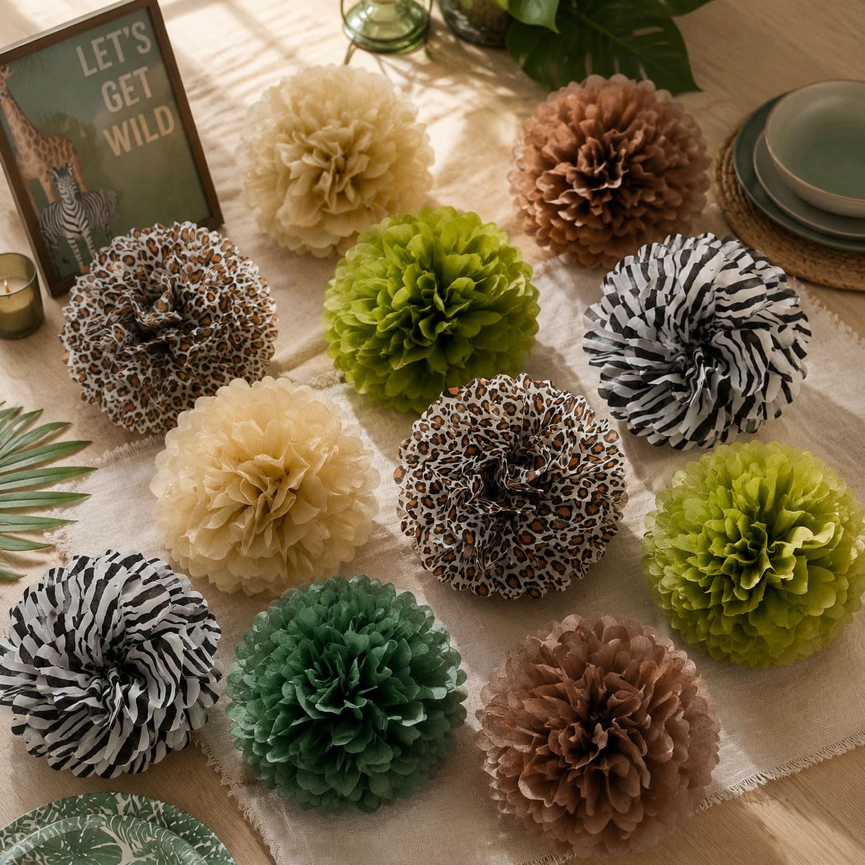 ANSOMO Jungle Safari Tissue Paper Pom Poms Wild Animal Leopard Zebra Print Cheetah Party
