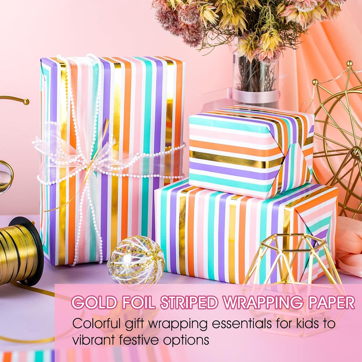 Yarcony Gift Wrapping Paper Roll, Rainbow Wrapping Paper, Colorful Stripes Gift Wrap with Gold Foil for Birthday, Baby Shower, Wedding, Christmas, All Occasions (Mini Roll, 17 Inch X 16.5 Feet)