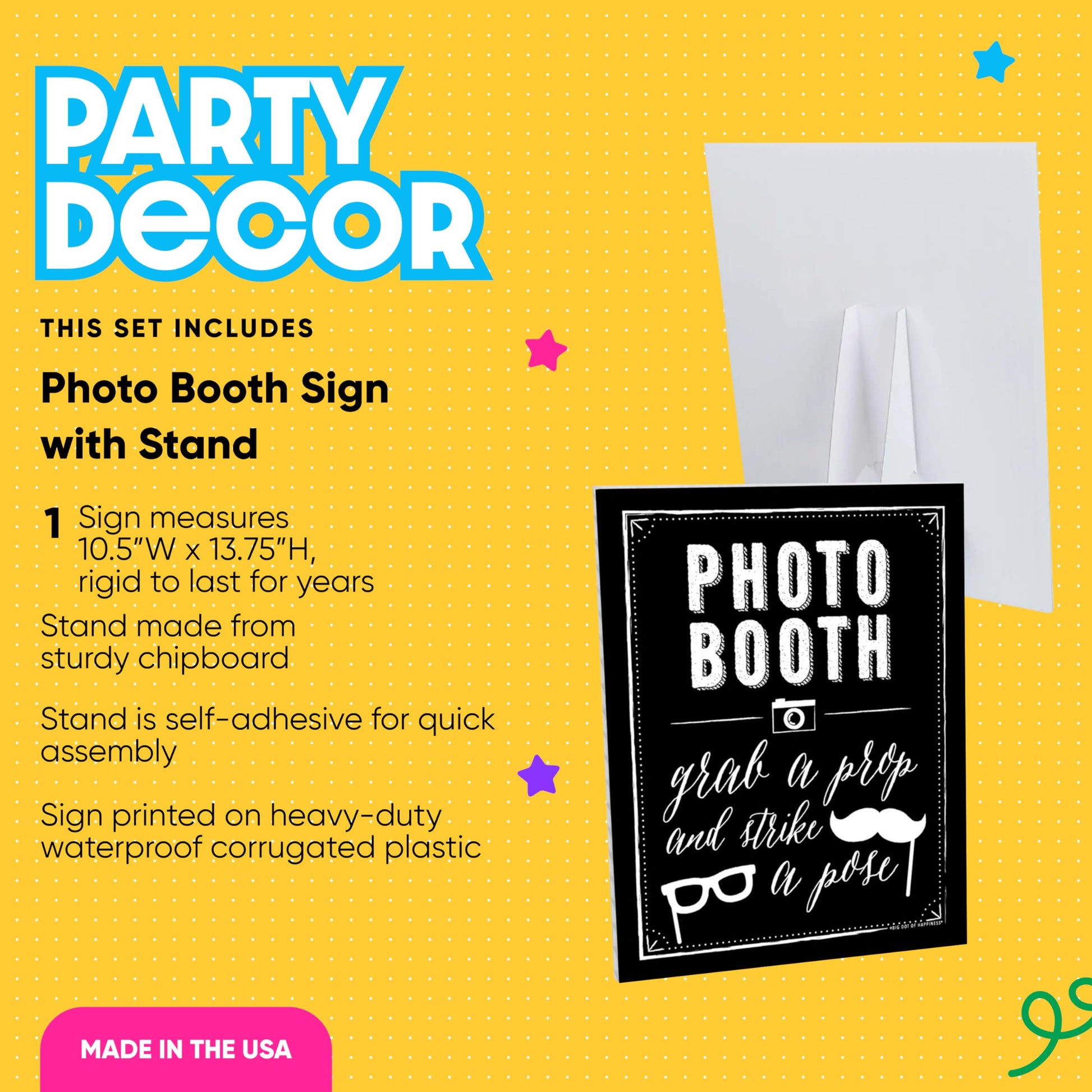 Big Dot of Happiness Photo Booth Sign with Stand – Festive & Durable Plastic Display – Indoor &