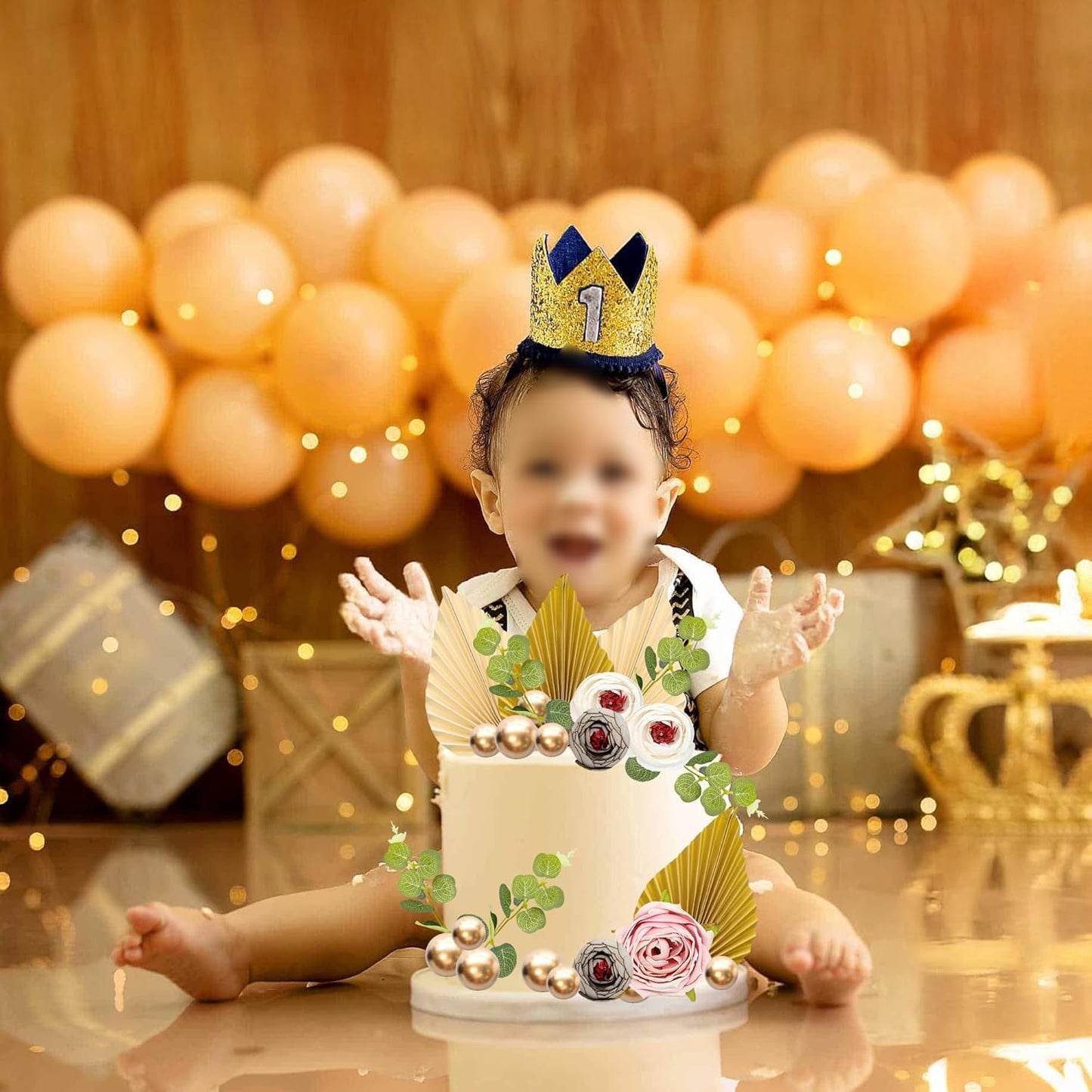 Gyufise 22Pcs Rose Artificial Flower Leaves Cake Topper Decorations Gold Balloon Cake Toppers Leaf Paper Palm Fan Cake Picks for DIY Wedding Birthday Valentine's Day Party Decorations Supplies Beige