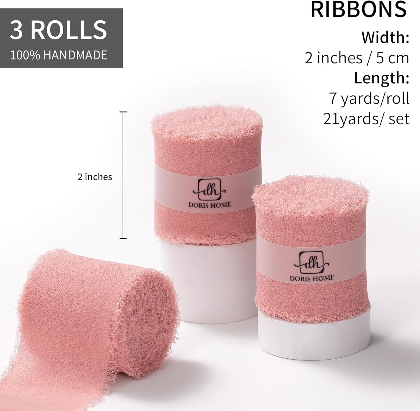 DORIS HOME Dusty Rose Chiffon Ribbon for Flower Bouquet, 2" x21Yd Fabric Ribbon for Gift Wrapping, Handmade Frayed Ribbon for Wedding, Chiffon Silk Ribbon for Christmas Decorations