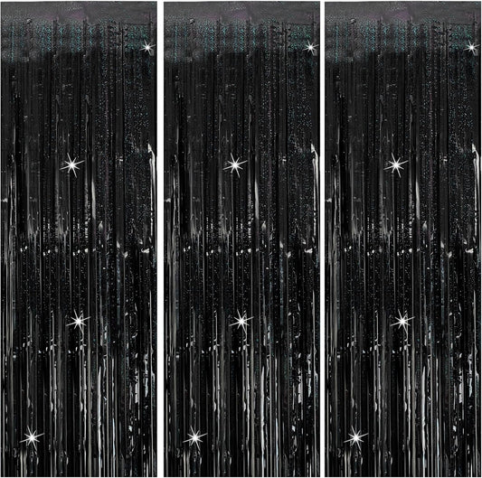 3 Pack Black Party Streamers Backdrop Tinsel Foil Fringe Curtains Halloween Party Decorations Birthday Wednesday Party Decorations Graduation Halloween Decor Party Supplies