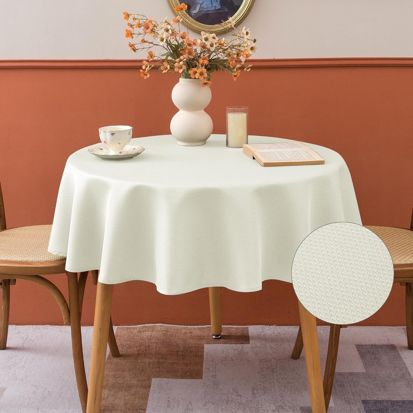 Fitable 2 Pack Beige Round Table Cloth - 60 inch in Diameter - Stain and Wrinkle Resistant Textured Fabric Tablecloth for Dinner, Party, Banquet, Event