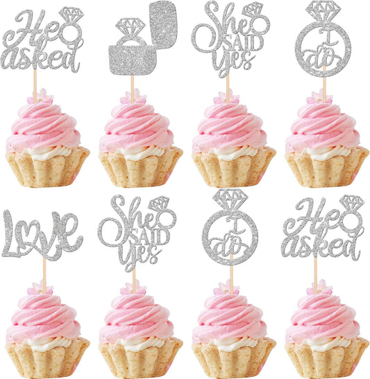 30 PCS He Asked She Said Yes Cupcake Toppers Diamond Ring Cupcake Picks Love I Do Bridal Shower Cupcake Decorations for Wedding Enaggement Theme Party Cake Decorations Supplies Silver