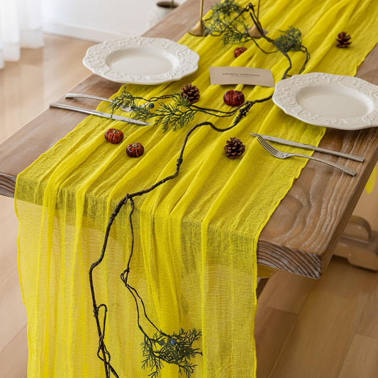 6pcs Yellow Gauze Rustic Cheesecloth Table Runner 120 Inch 10 FT for Wedding Baby Shower Bridal Shower Birthday Engagement Garden Outdoor Party Long Sheer Boho Decorations