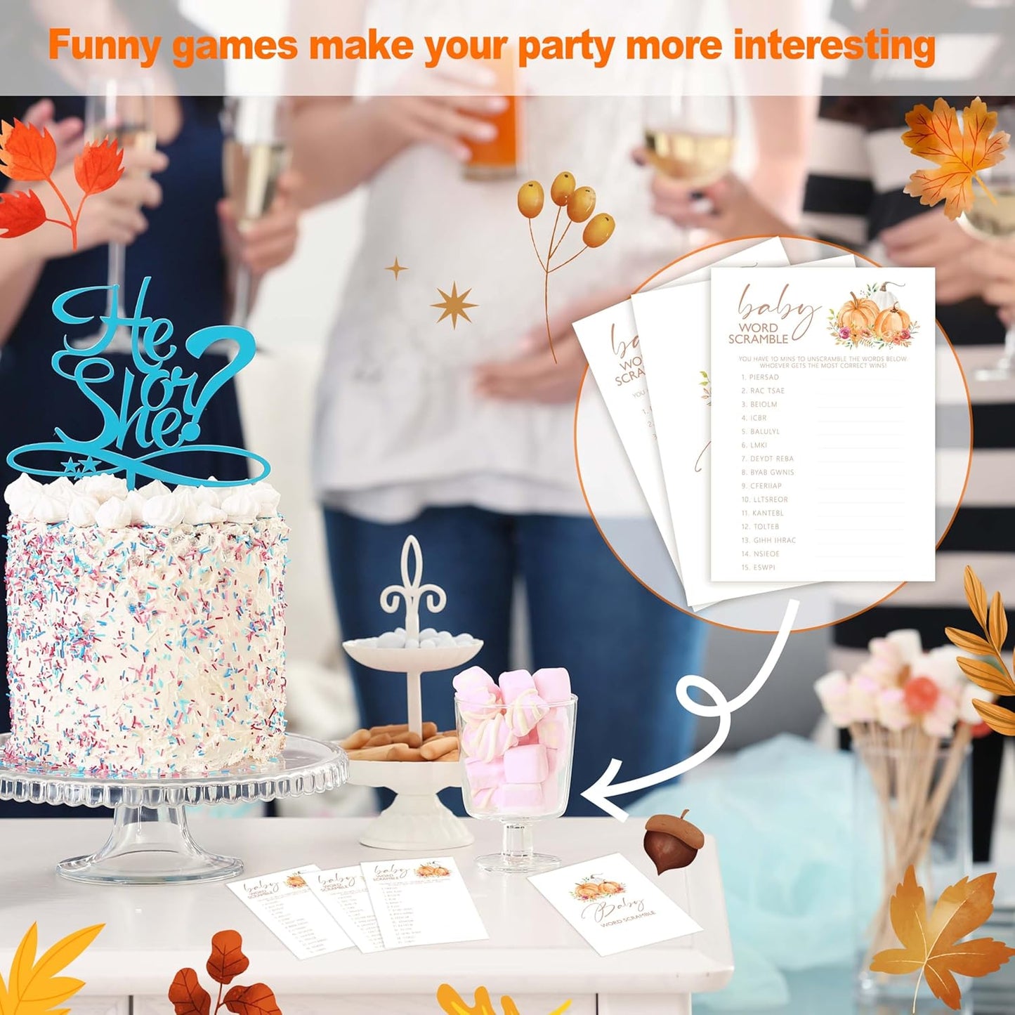 Baby Shower Games, Thanksgiving Baby Word Scramble + 1 Answer Card, 25 Sets Baby Gender Reveal Party Decorations Supplies - E07