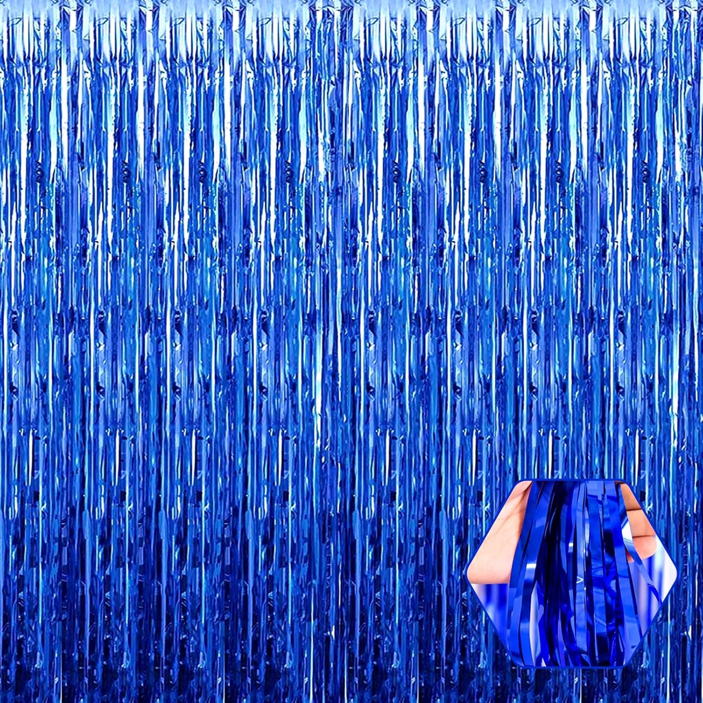 3 Pack Blue Foil Fringe Curtain Backdrop, 3.28Ft x 8.2Ft Metallic Tinsel Foil Fringe Streamer Curtains for Photo Booth, Christmas Day, Thanksgiving, Wedding, New Year Party Decorations