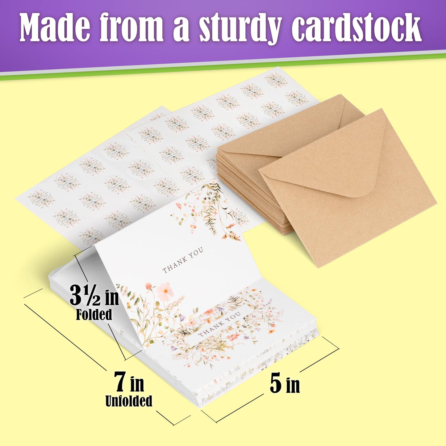52-pack Floral Thank You Cards Bulk with Kraft Envelopes & Matching Stickers, 3.5x5 Inches, 6