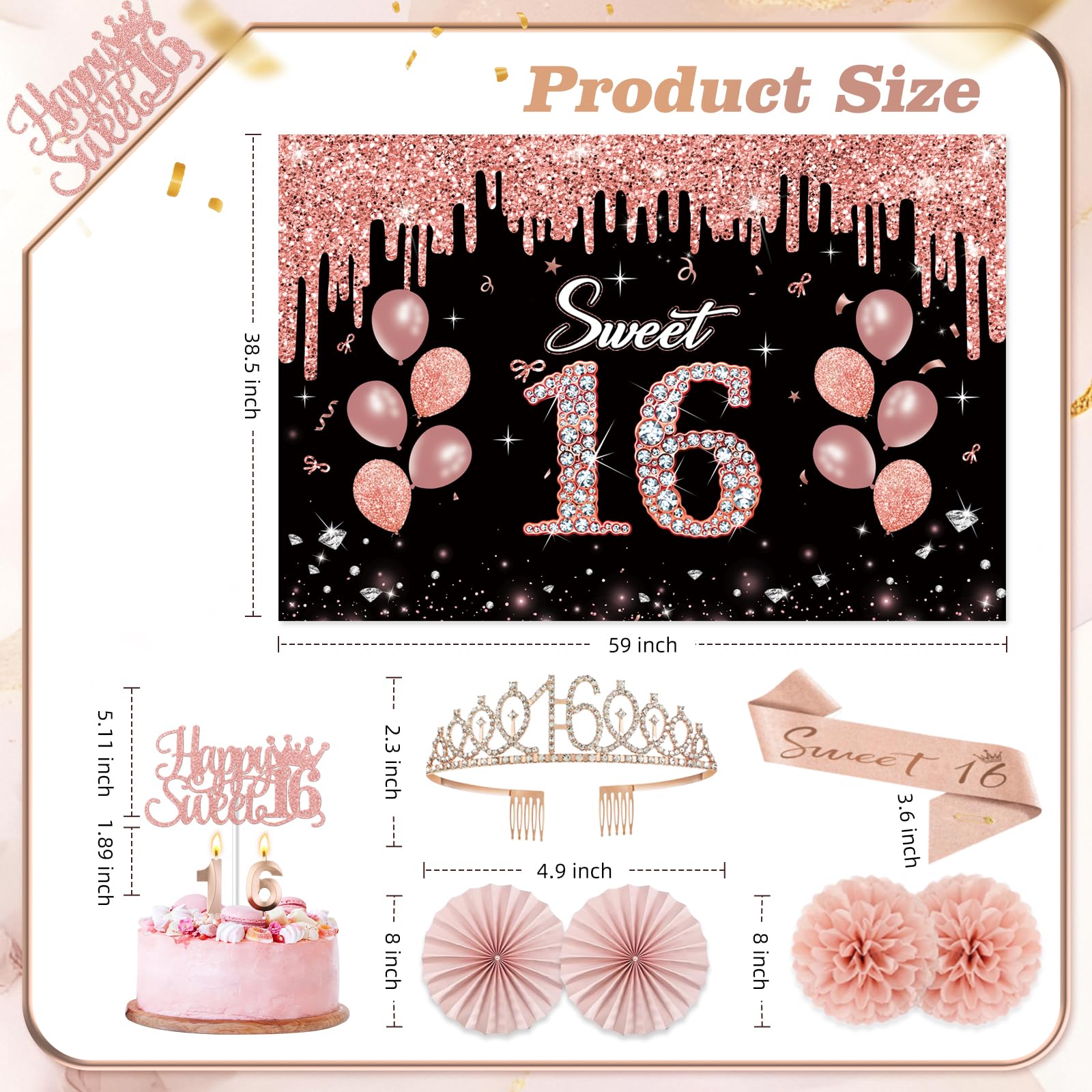 50Pcs Sweet 16 Birthday Party Decorations for Girls,Pre-Assembled Party Set