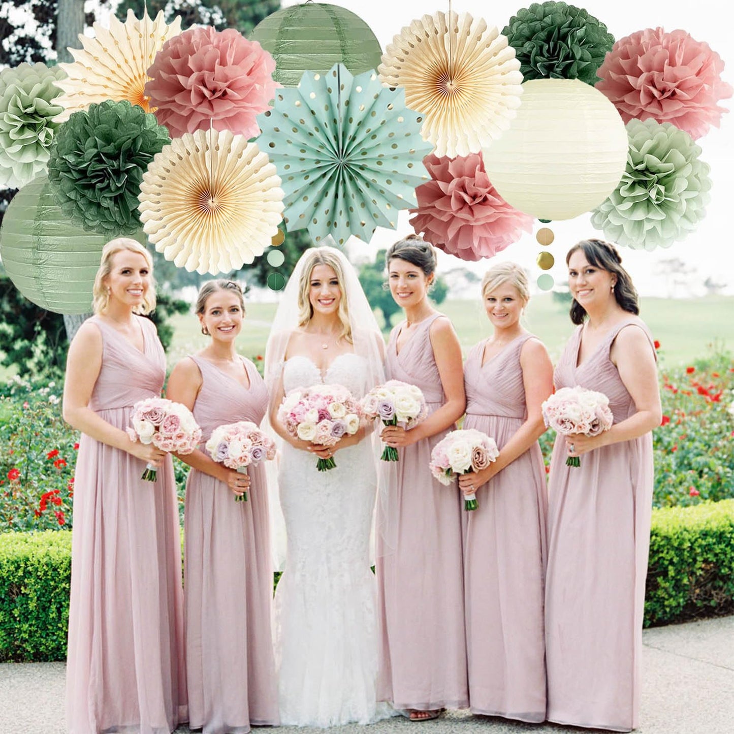 Sage Green and Dusty Pink Party Decorations Green & Pink Party Decor Sage Tissue Pom Poms Paper