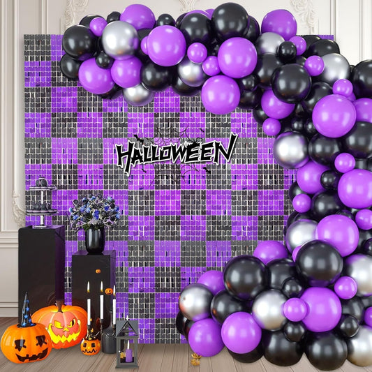 24PCS Black Purple Shimmer Wall Backdrop, Square Sequin Photo Backdrops Panel, Glitter Wall Background for Birthdays, Weddings, Christmas, Engagements, Halloween Party Decor (4FTx6FT)